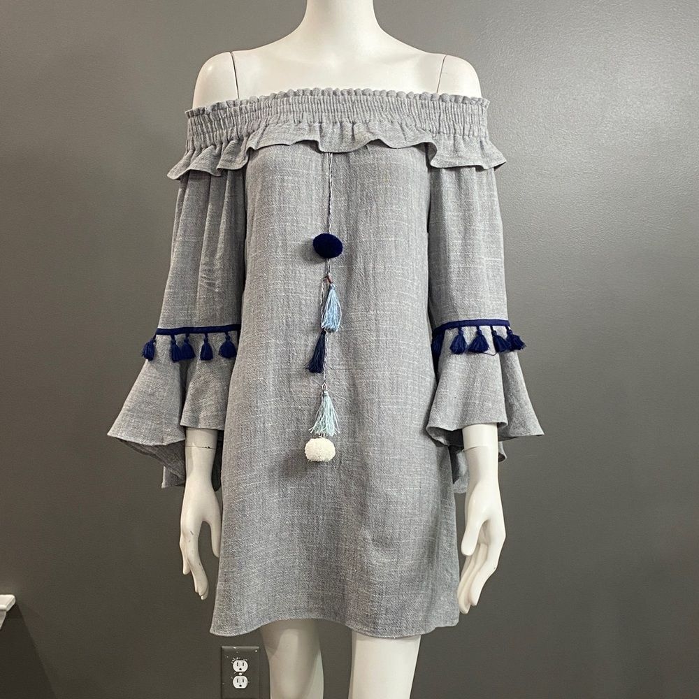 Boston Proper Off-Shoulder Blue-Gray Rayon/Linen Dress with Tassels Size XS